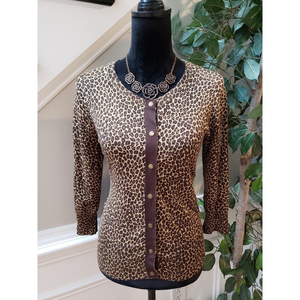Michael Kors Cardigan Women P/S Brown Leopard Print Long Sleeve Button Front